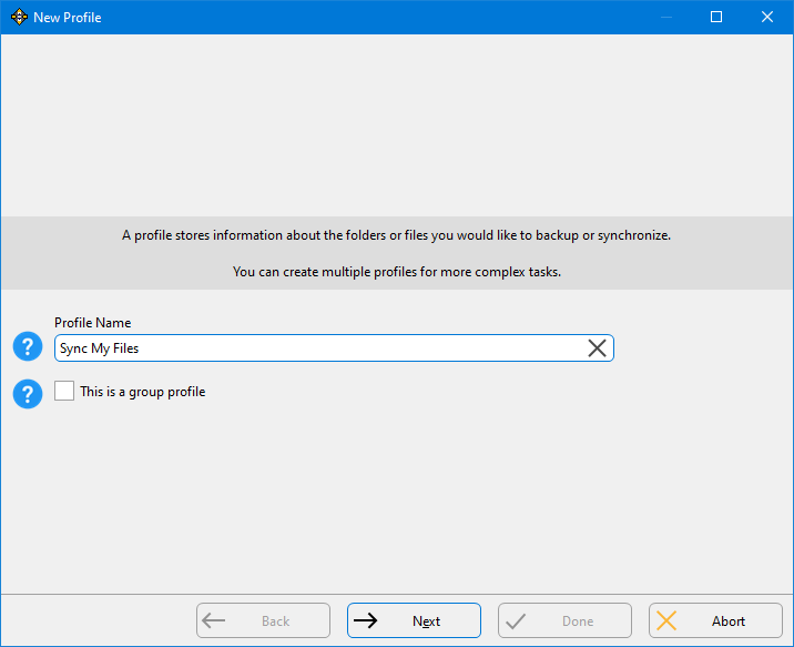 New Profile wizard to synchronize your files and folders